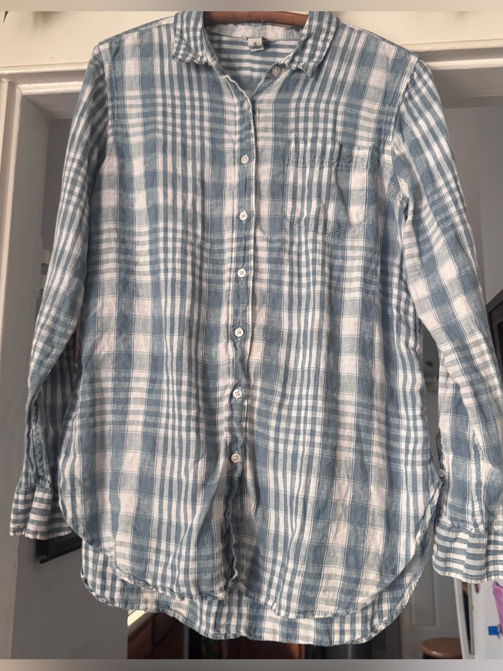L.L. Bean Flannel linen blue white plaid linen lightweight medium button up top